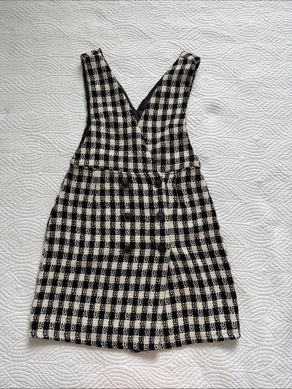 Black and White Tweed Button Front Sleeveless Pinafore Vest Mini Dress